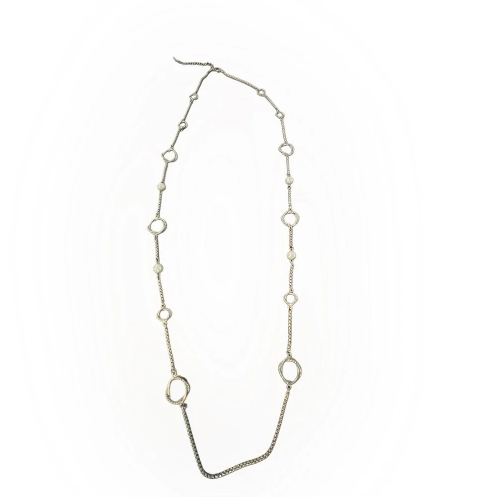 Long Silver Necklace Circle Oval & Pearl Chain Lobster Retro BoHo Soft Girl